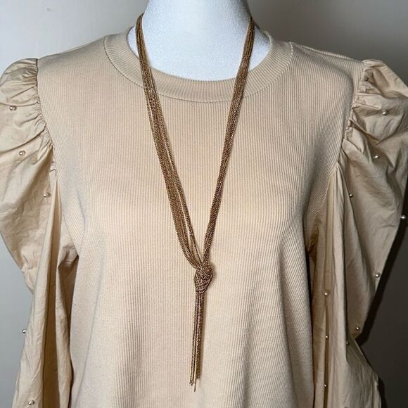 Gold Tone Multi Strand Chain Knot Tie Necklace - Picture 2 of 6